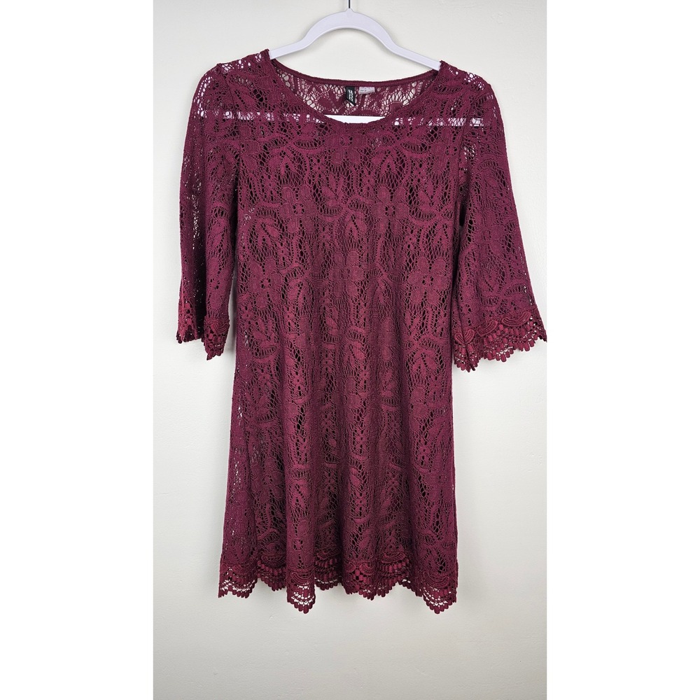 H&M Divided Dress Women 6 Burgundy Lace Shift Bell Sleeve Crochet Trim Mini